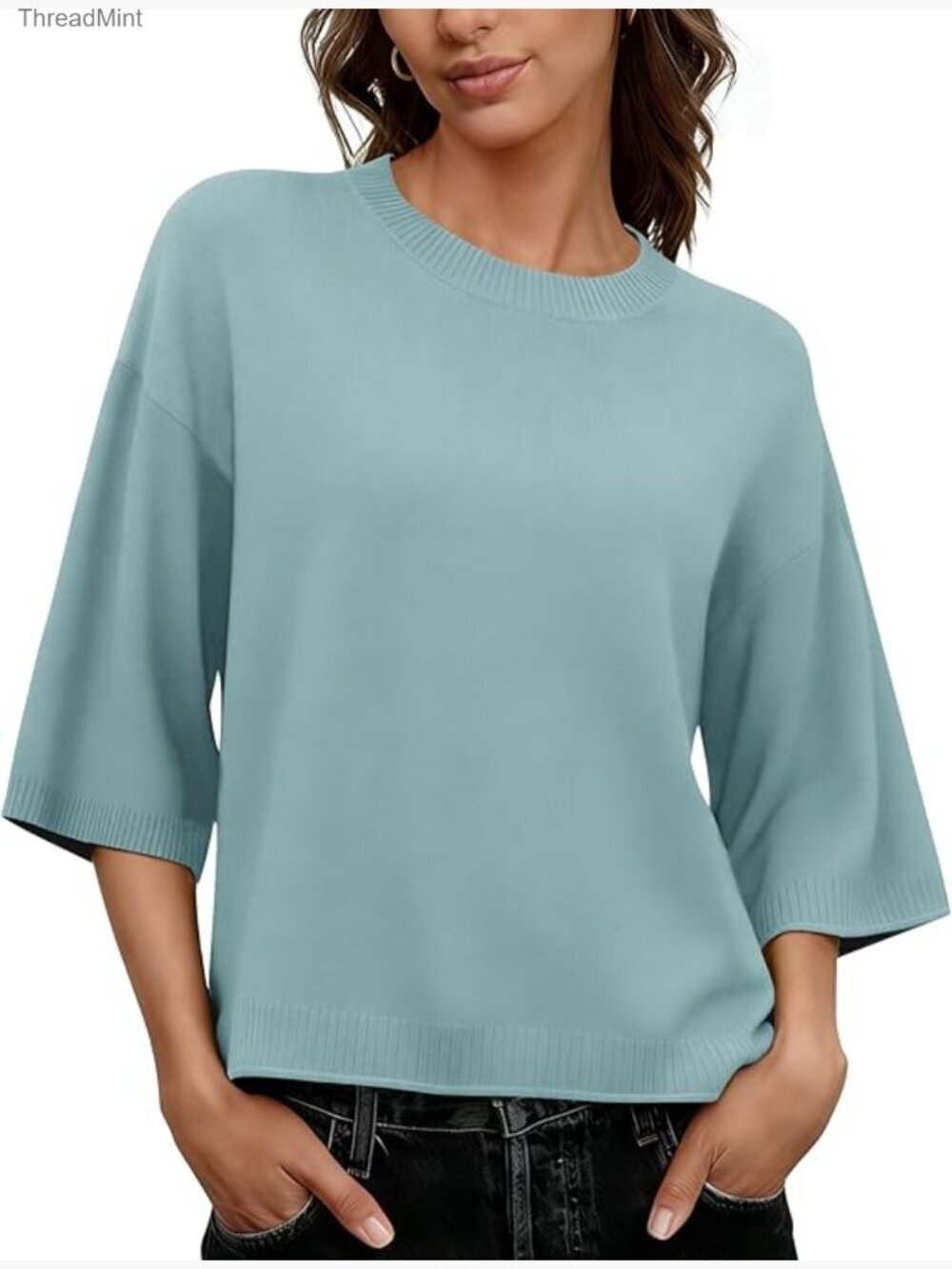 Womens 3/4 Sleeve Crewneck Sweater Pullover Lightweight Loose Fit Knit Top